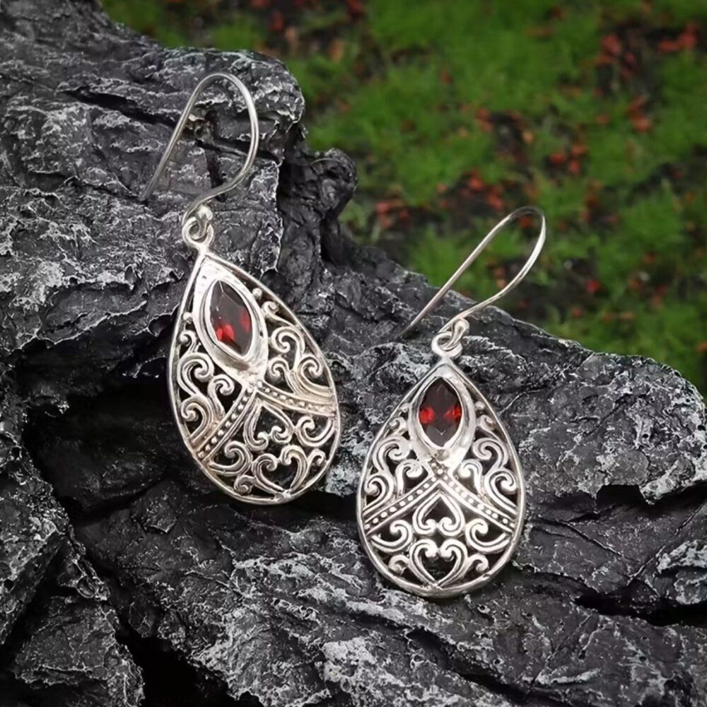Teardrop-Shape Earrings Cut-Out Filigree Hearts Garnet January Birthstone